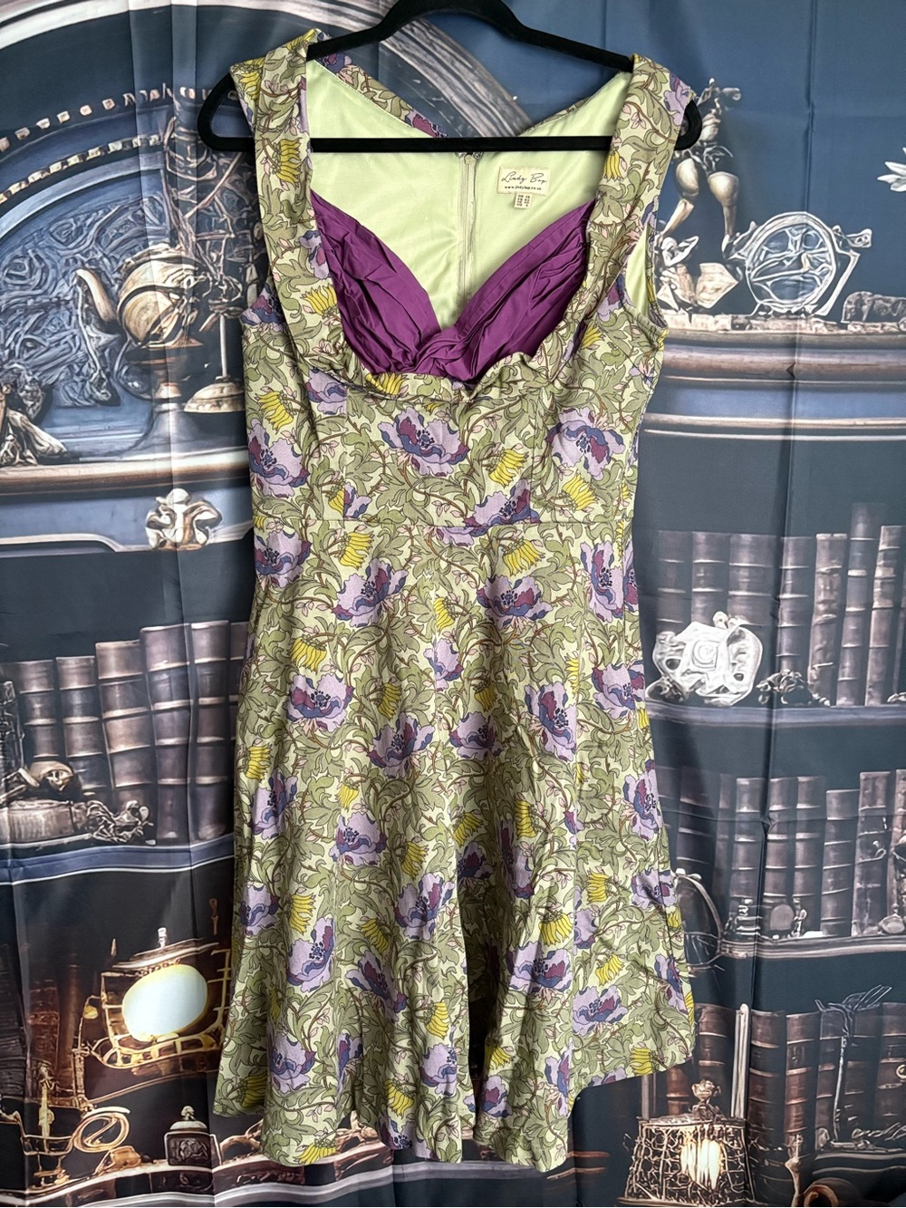 Vintage Floral A-Line Dress with Purple Bodice Detail